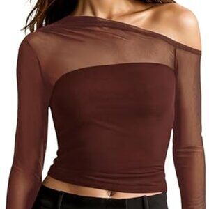 Women's Sexy Off Shoulder Tops Long Sleeve Mesh Sheer Asymmetrical T Shirt Y2K